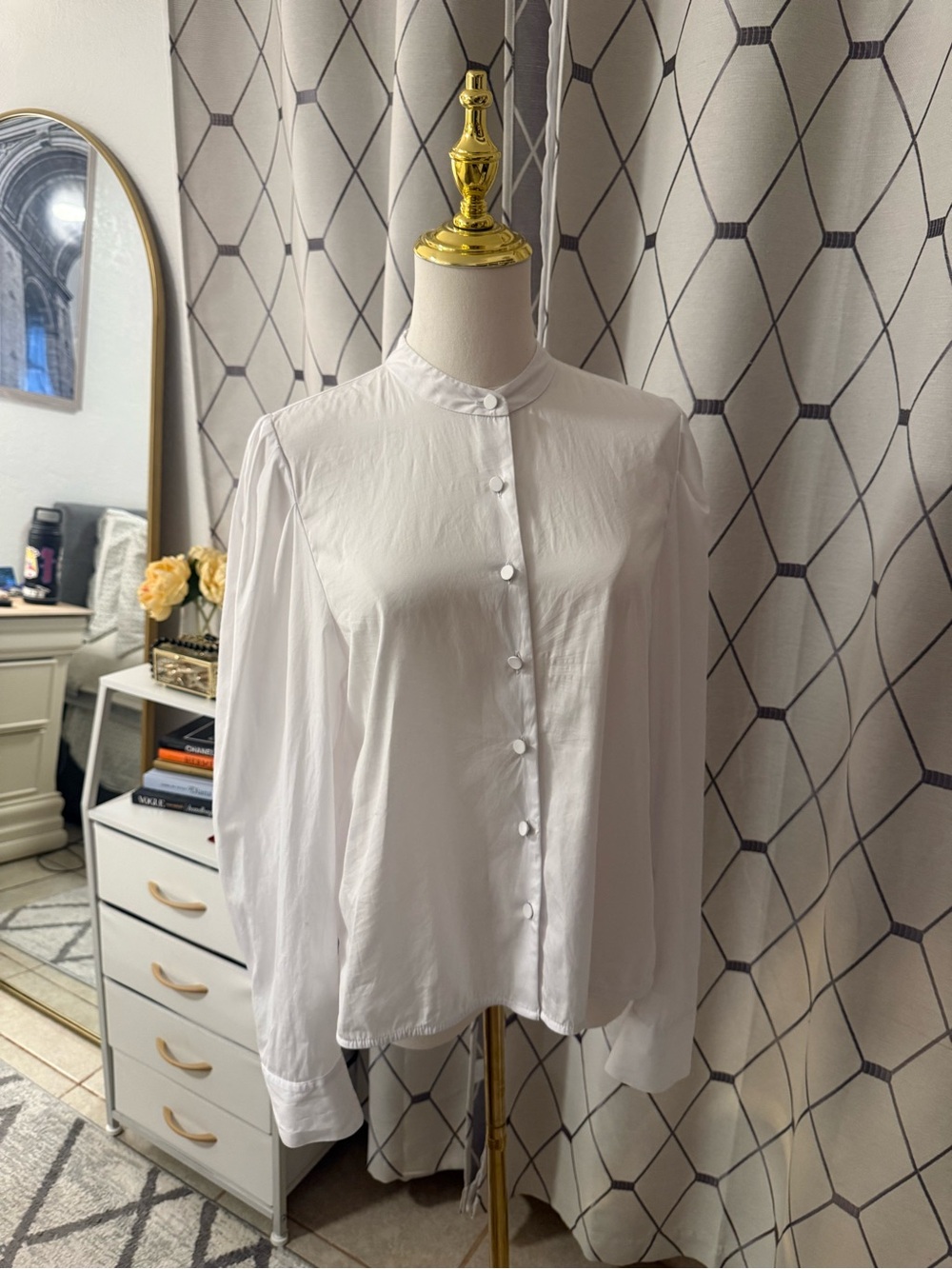 Women's White Band-Collar Button-Down Shirt